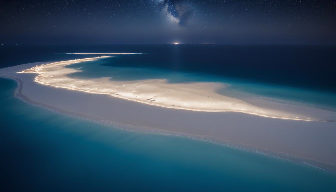 Abu al Abyad island with pristine white sand beach and azure water, aerial photography, 16:9