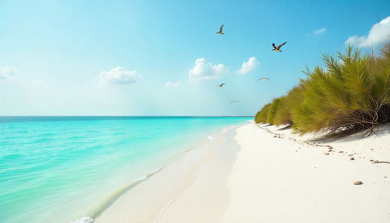 Abu al Abyad island, mangroves, white sand, clear blue water, birds flying, natural reserve