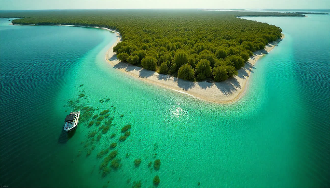 Abu al Abyad island natural reserve, aerial view, clear turquoise water, mangroves