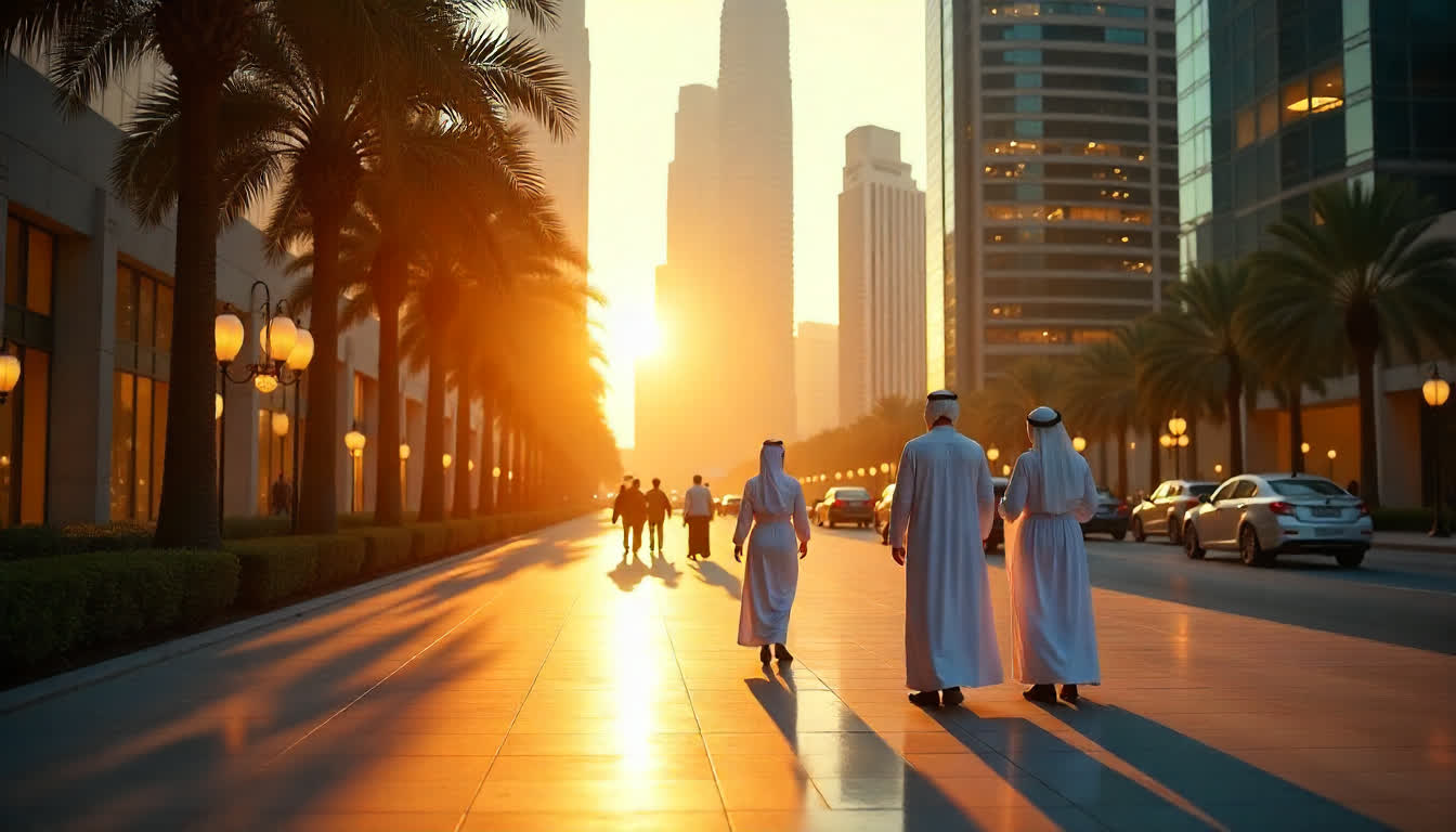 Abu Dhabi business district with skyscrapers and people in traditional clothes, 16:9