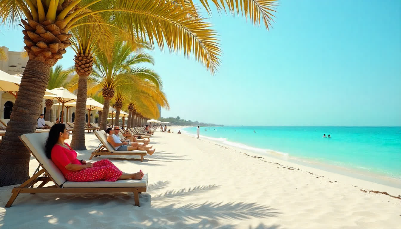 Abu Dhabi Corniche beach, turquoise sea, palm trees, people relaxing, luxury resort vibe, sunny weather