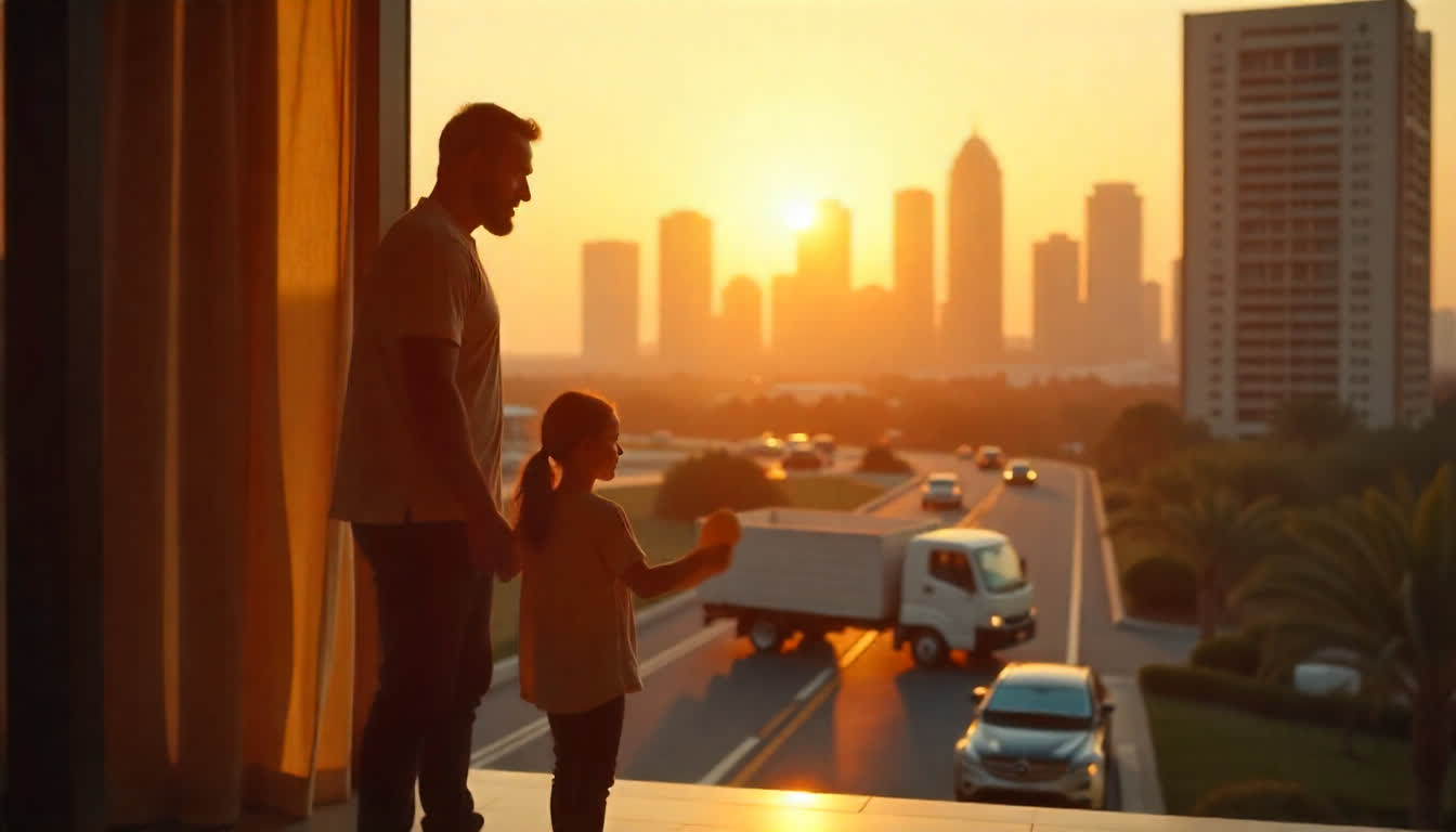 Abu Dhabi skyline, expat family moving in, sunset tone, modern apartment