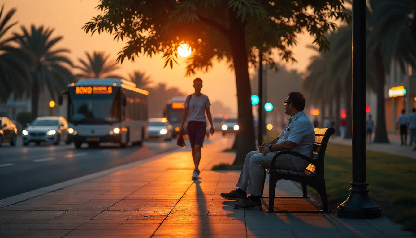 Abu Dhabi’s advanced public transport system with metro stations, buses, and busy commuters