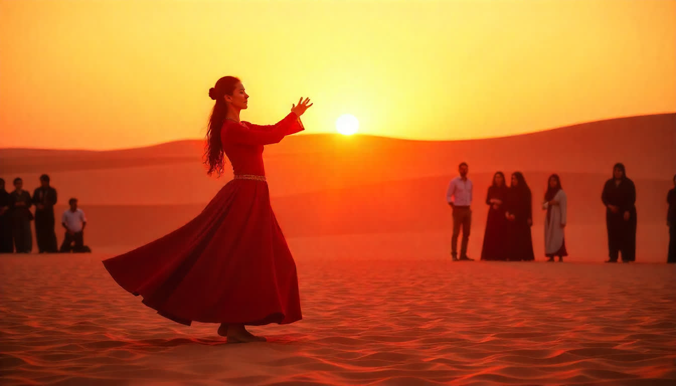 Al Ain cultural festival with traditional dance, lights, desert background, people celebrating