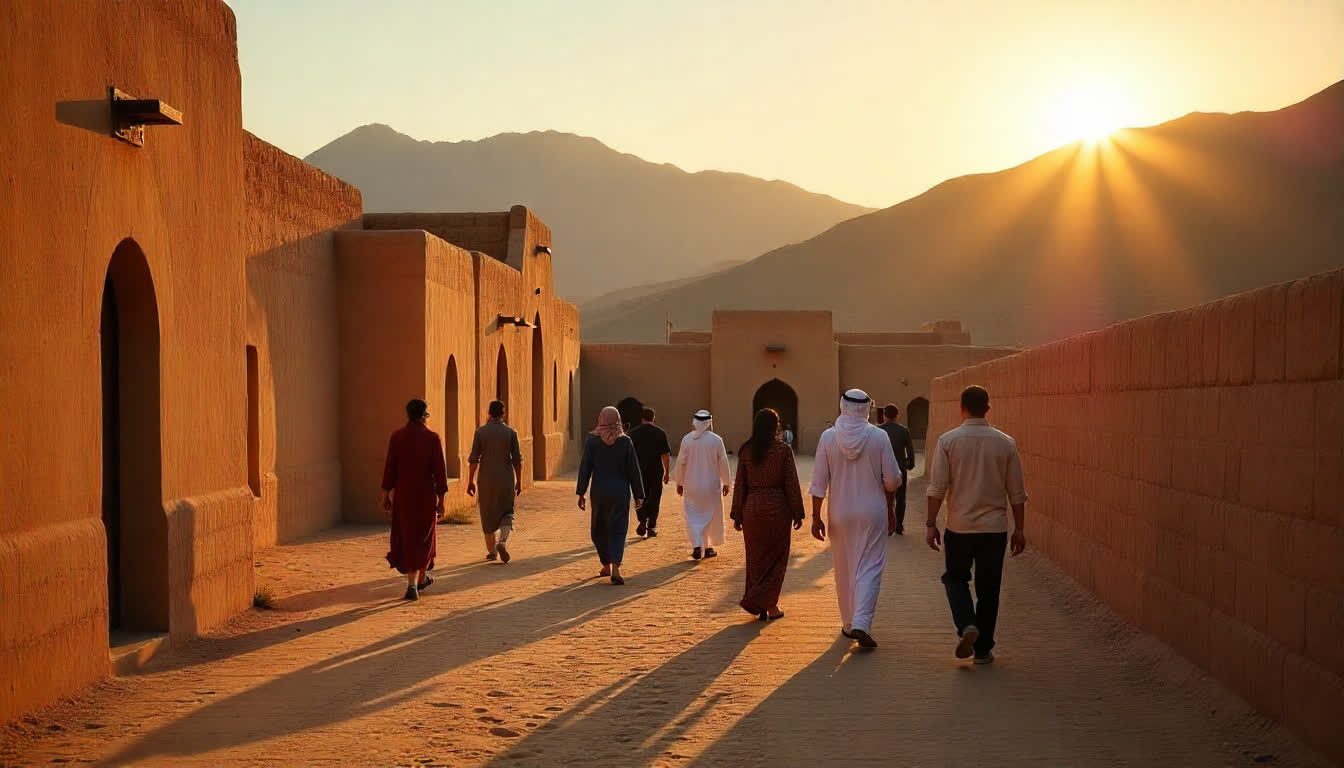 Al Ain heritage village, desert oasis, mountains at sunset, tourists walking