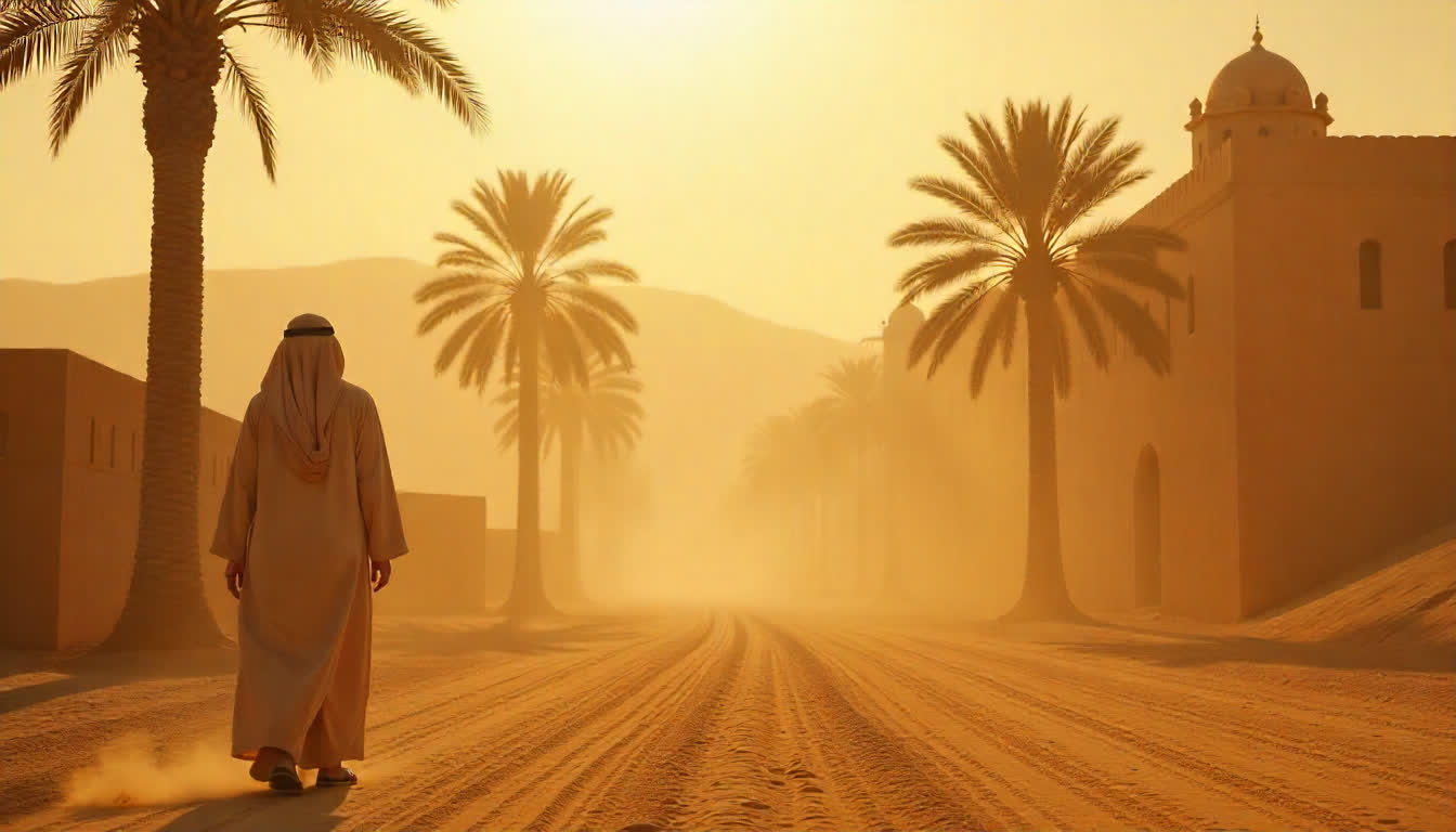 Al Ain oasis with palm trees, traditional forts, and desert mountains, 16:9