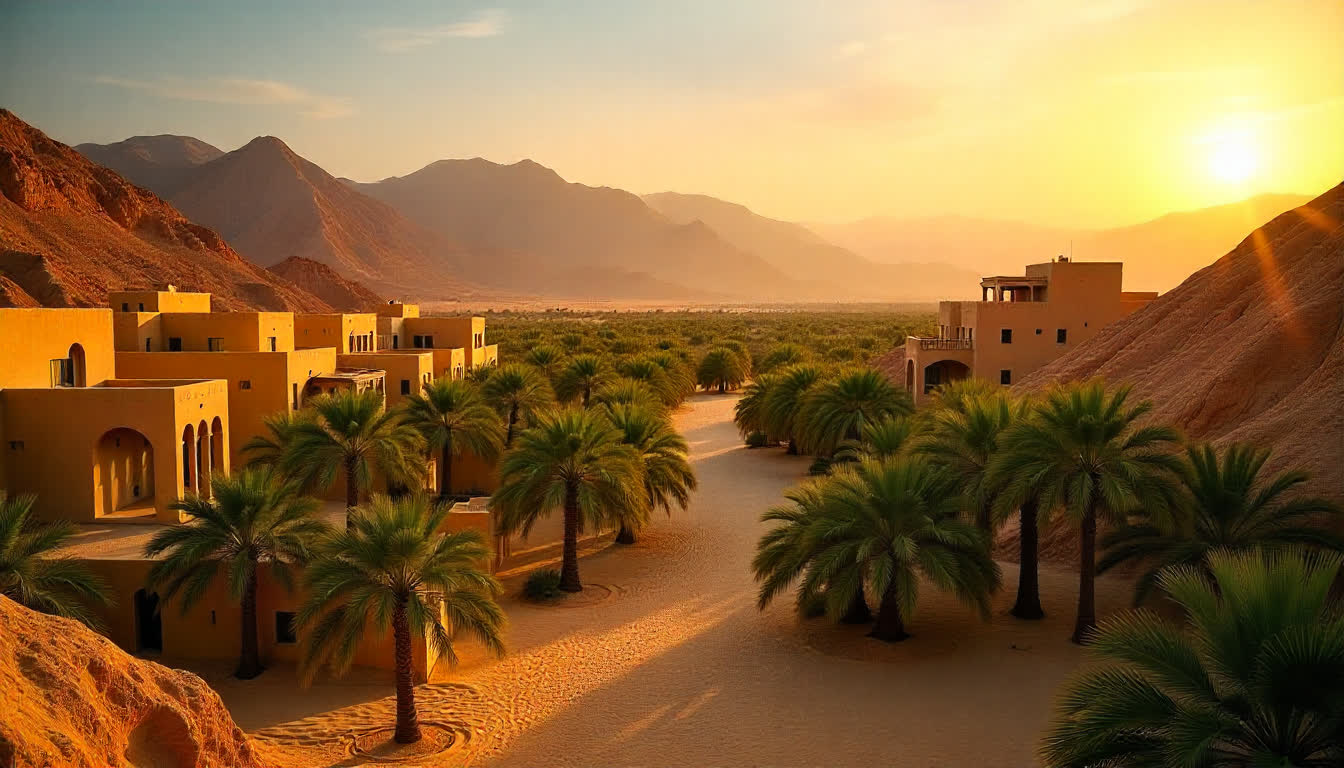 Al Ain oasis with palm trees, desert mountains, traditional houses, golden sunlight