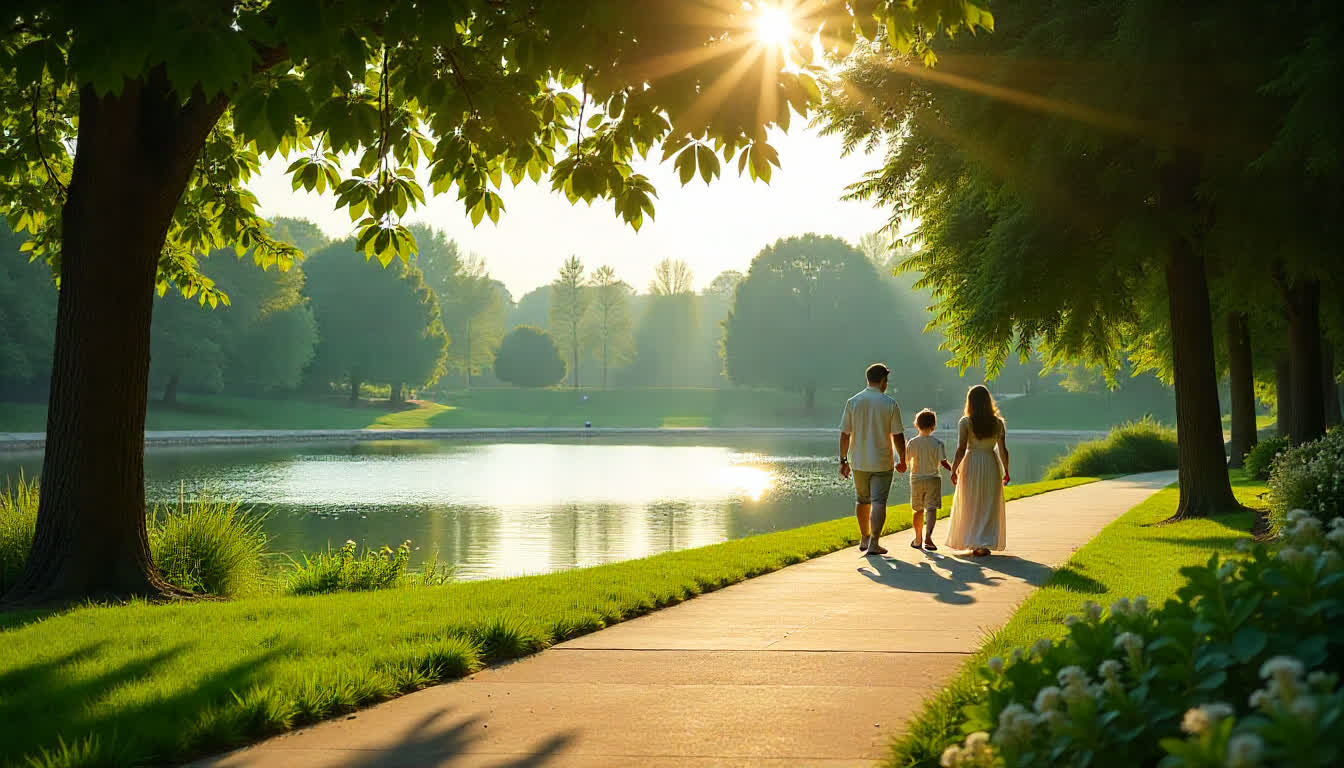 Al Ain park with greenery, lake, and family walking paths