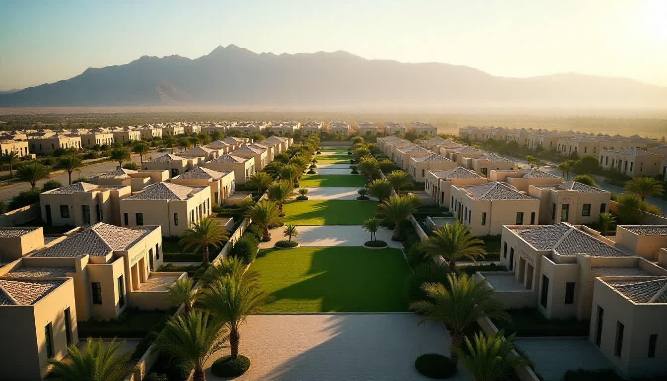 Al Ain residential area with greenery, villas, and mountain background