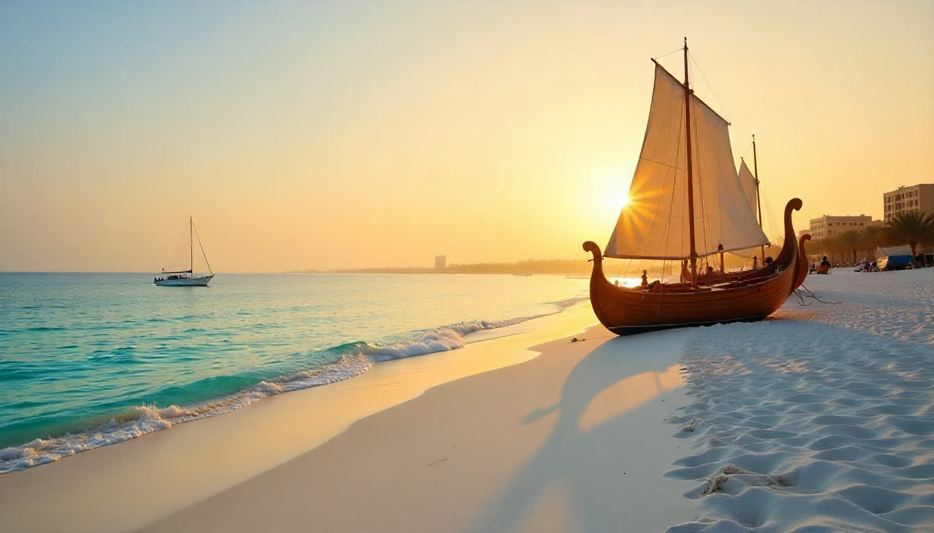 Ajman beach with white sand, turquoise water and traditional boats, travel photography, 16:9