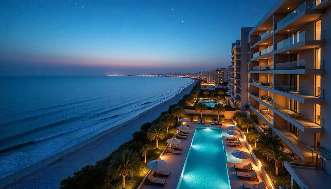 Ajman modern apartments with sea view and pool area, real estate interior, 16:9