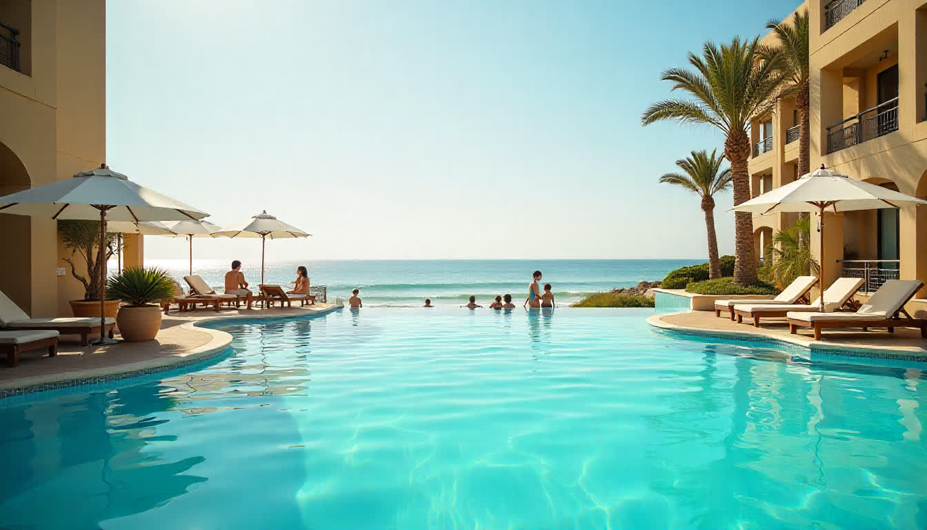 Ajman resort with beach, swimming pools, and vacationers