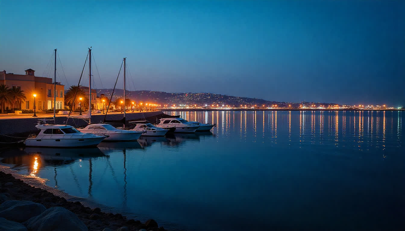 Ajman seaside view with small marina, boats, and coastal skyline