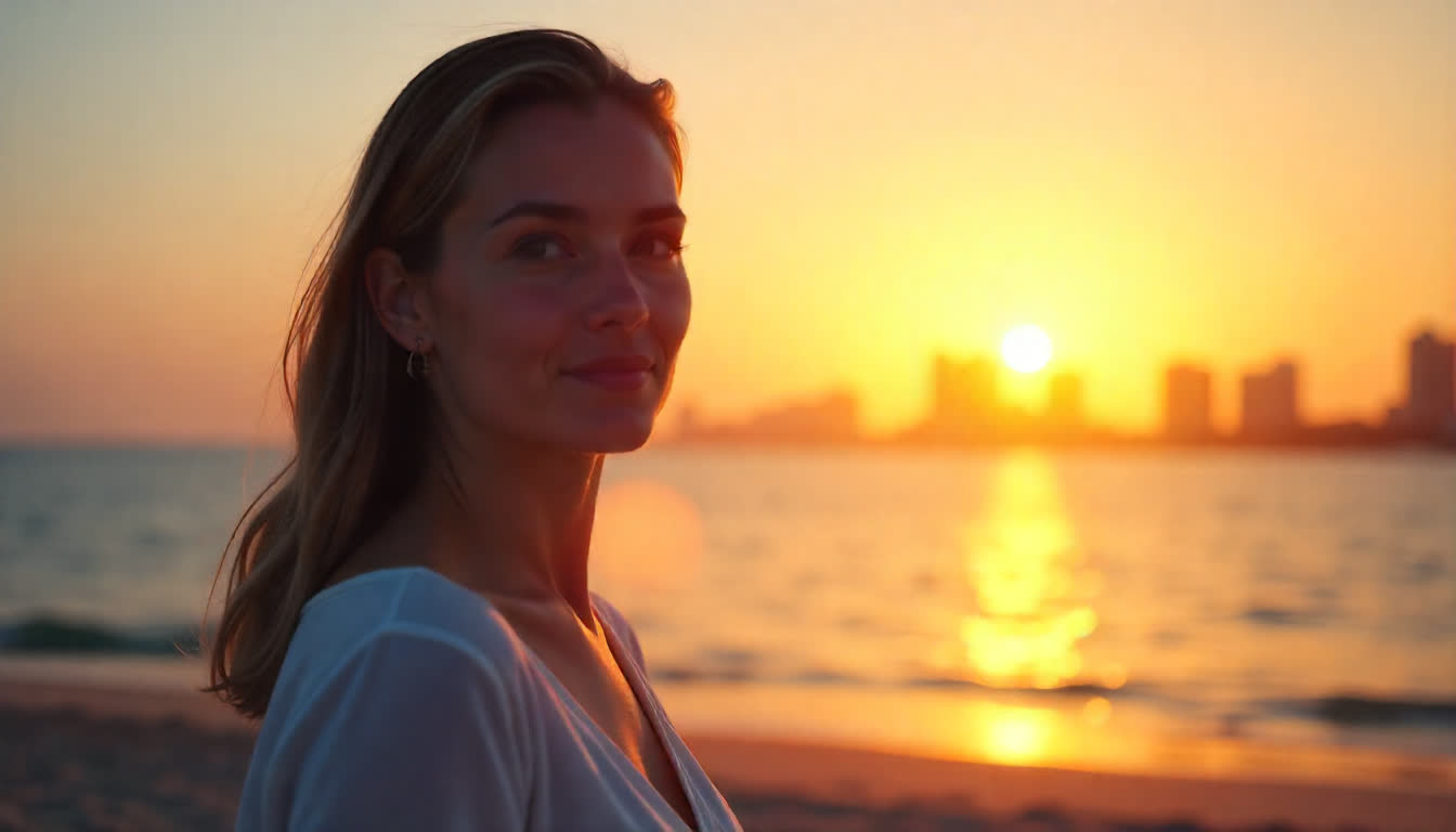 Ajman skyline, modern apartment buildings by the coast, investment concept, calm sunset tones