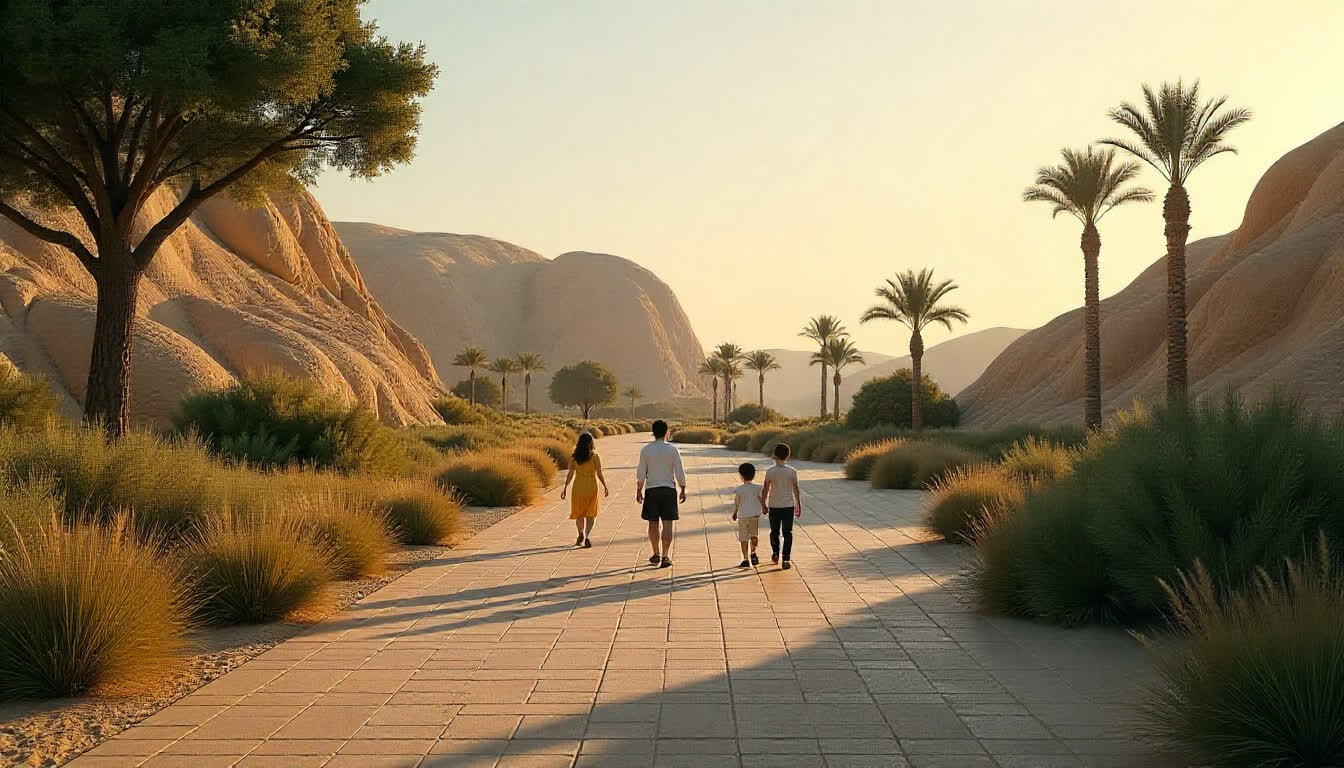 Ancient landmarks and green parks of Al Ain with tourists and families exploring