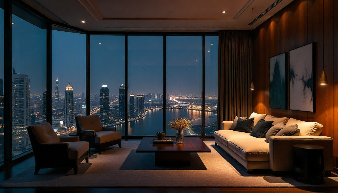 Apartment interior in Abu Dhabi with panoramic windows, modern style
