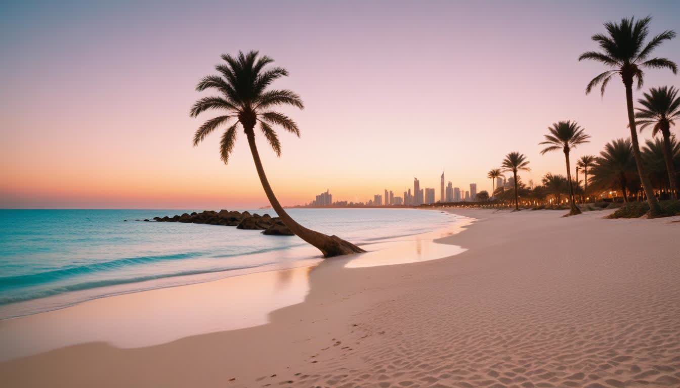 Beautiful Abu Dhabi beach with turquoise water, palm trees, and white sand