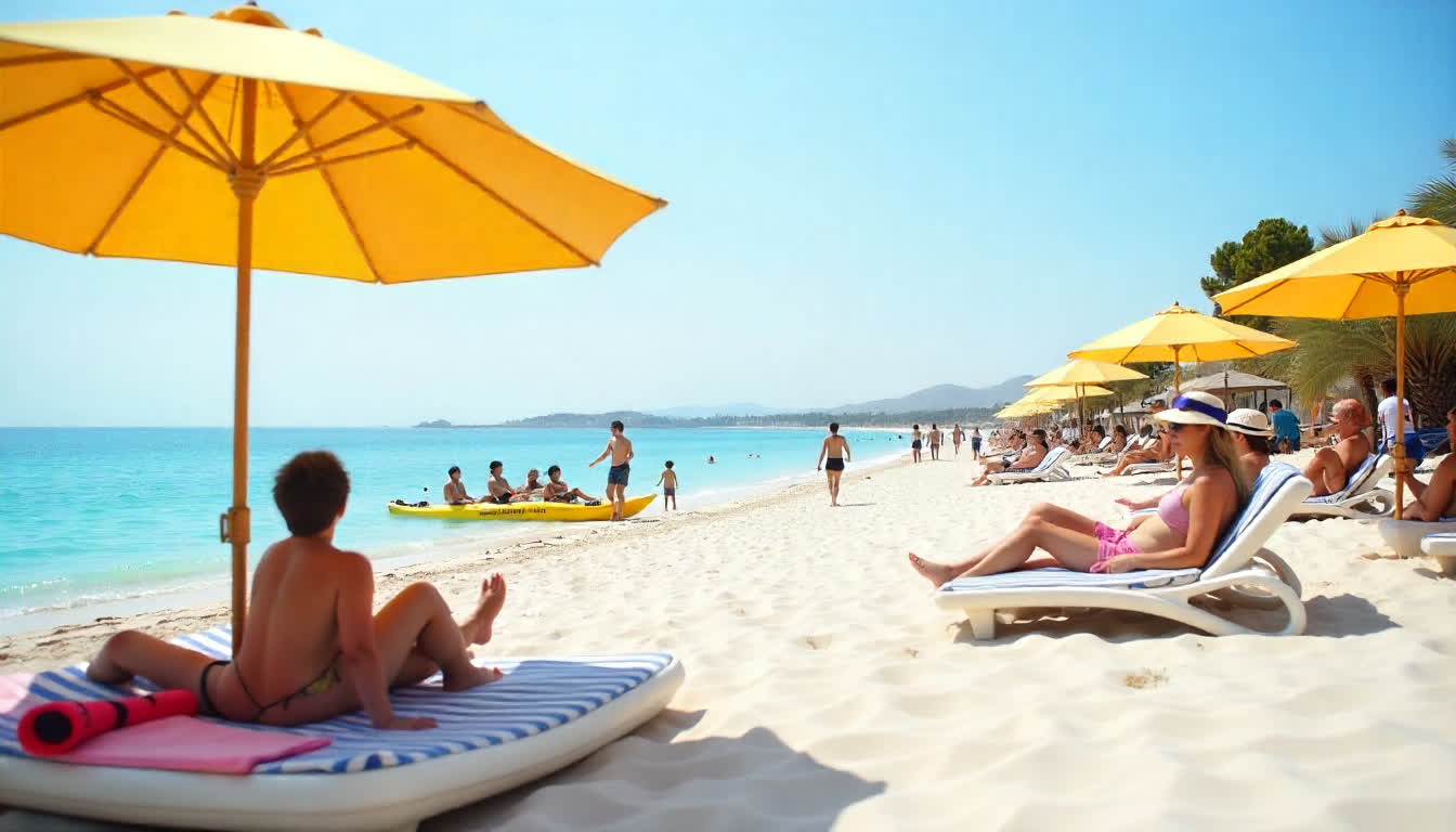 Best beach clubs in Khor Fakkan, sun umbrellas, sea sports, and relaxing tourists