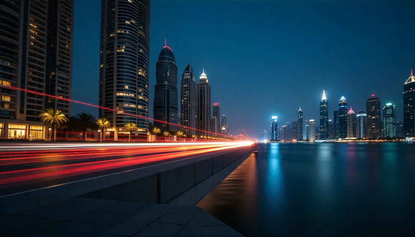 Business district of Dubai Marina with skyscrapers and lights