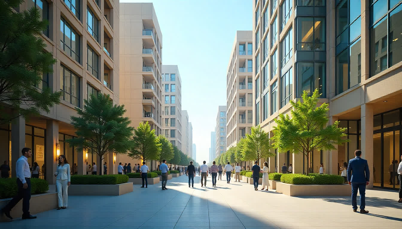 Business districts in Abu Al Abyad with tall offices, modern technology, and business people networking