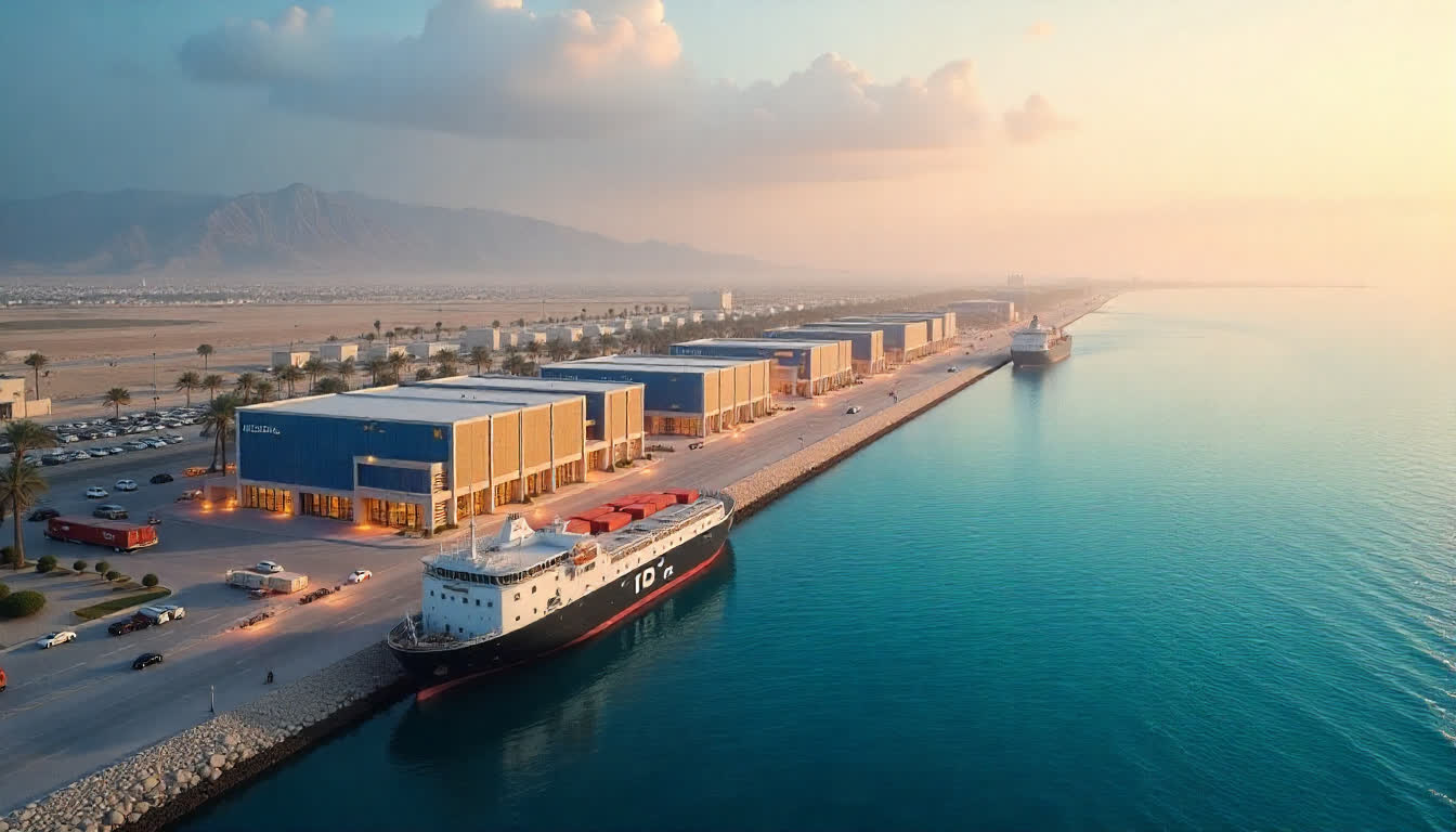Business and industrial developments in Fujairah with economic charts and active ports