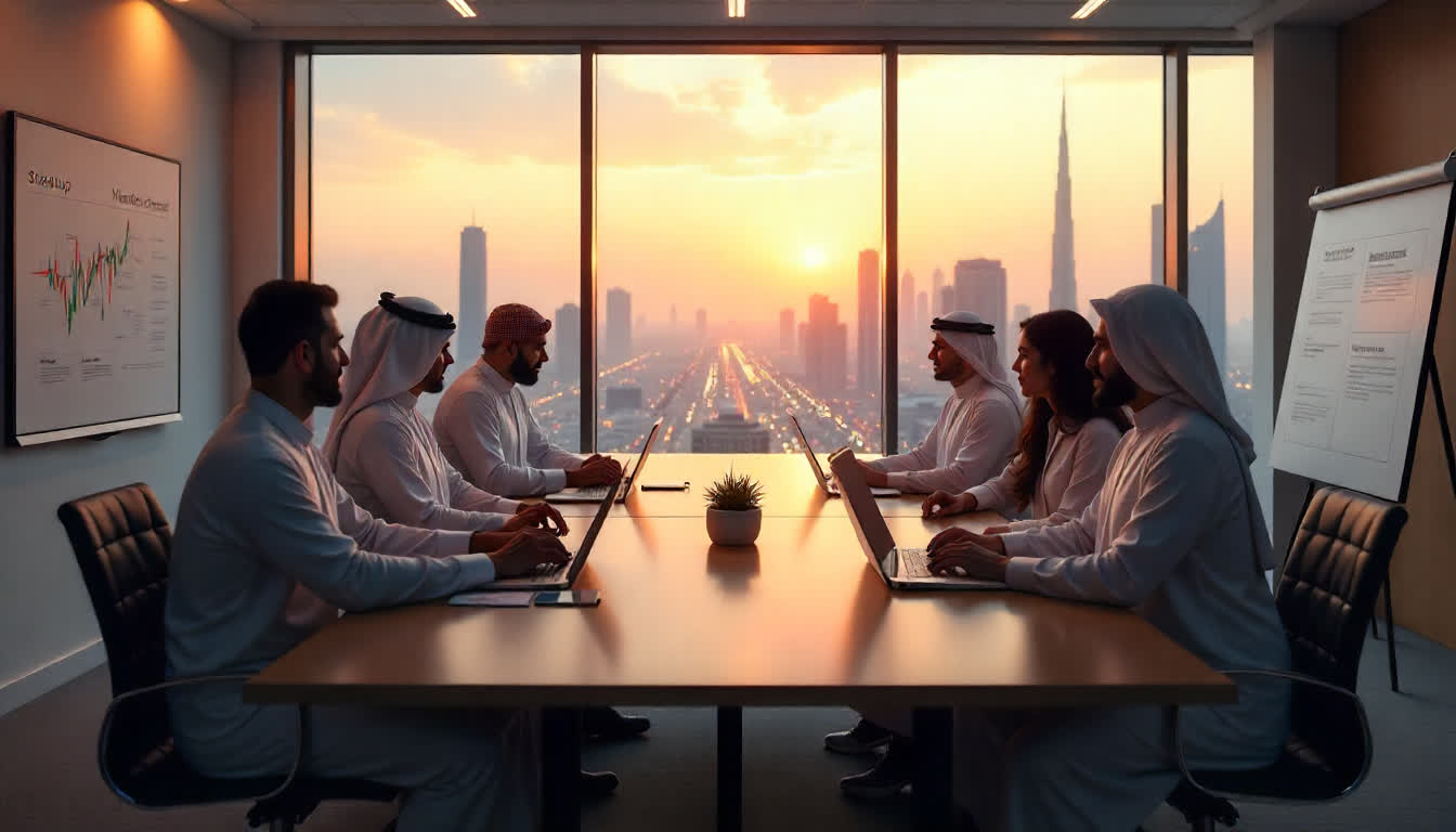 Business meeting in UAE office with city view and startup concept
