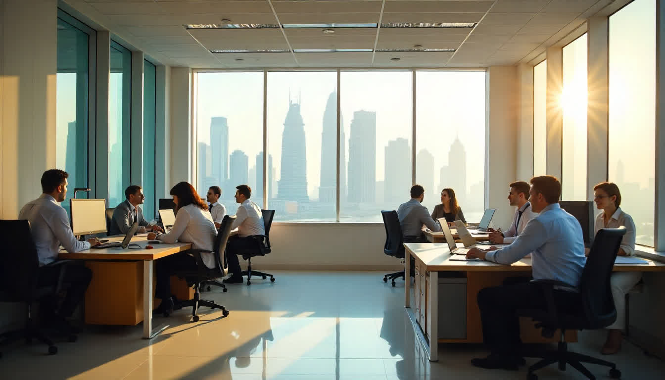 Business registration office in Ras Al Khaimah, paperwork, entrepreneurs, and city skyline