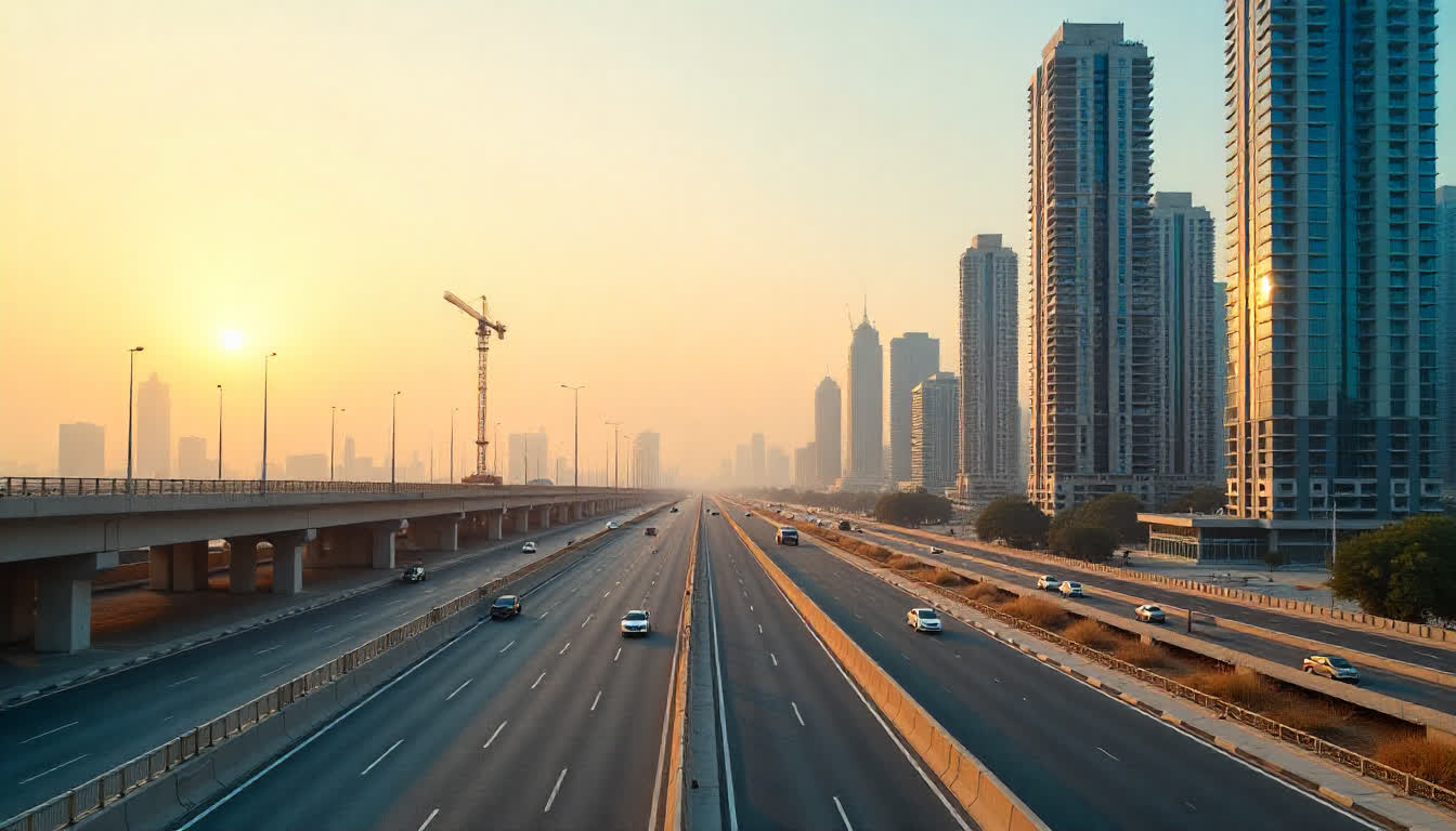 Construction scene in UAE with cranes, skyscrapers, and highways
