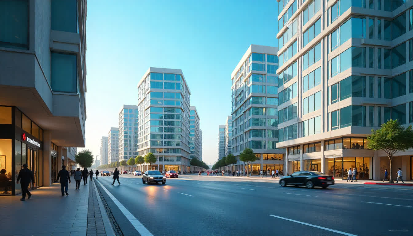 Contemporary commercial buildings in Ras Al Khaimah with busy offices and bustling business streets