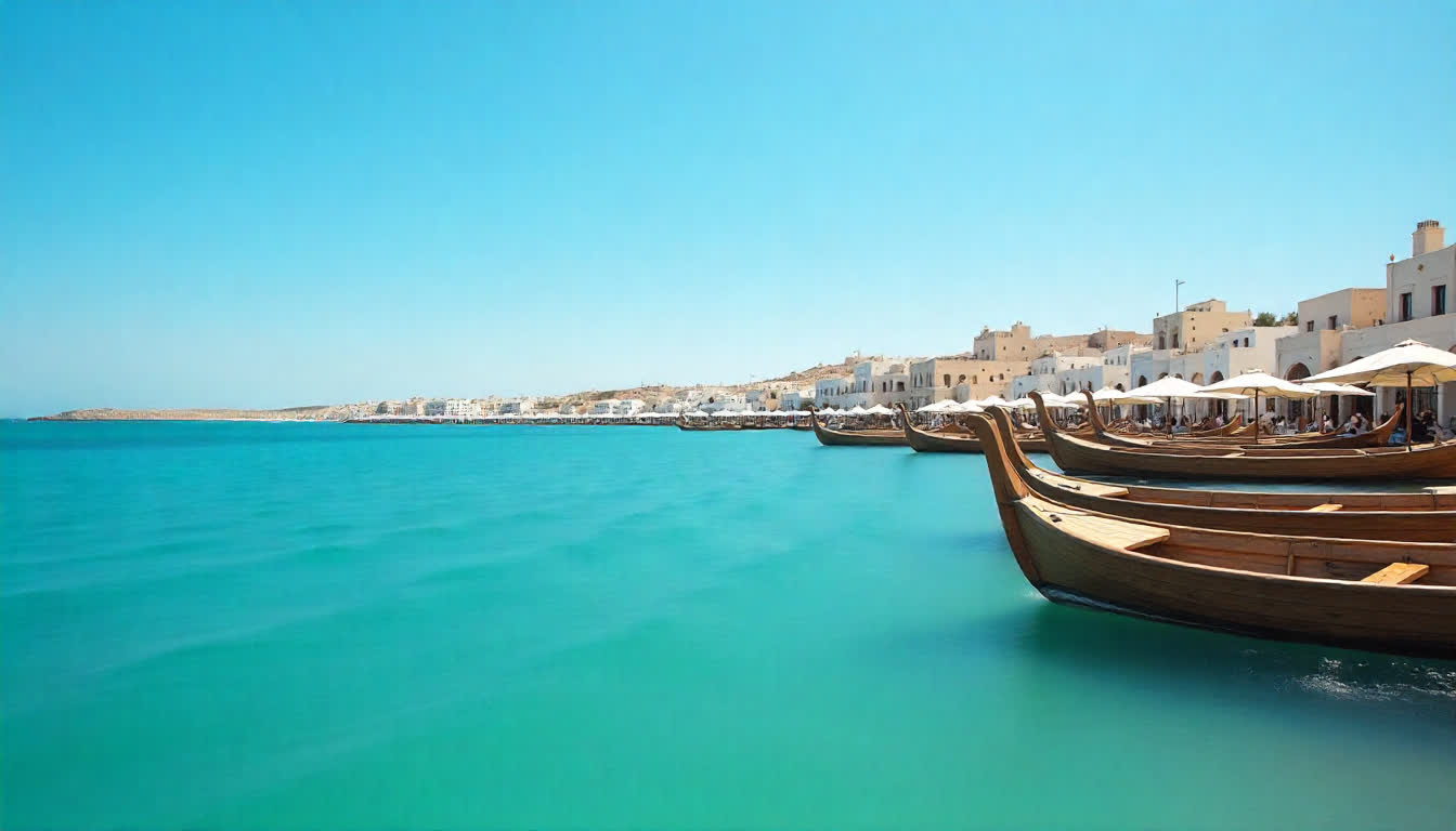 Dibba Al Hisn coastal area, boats in marina, calm sea, clear sky, arabic small town