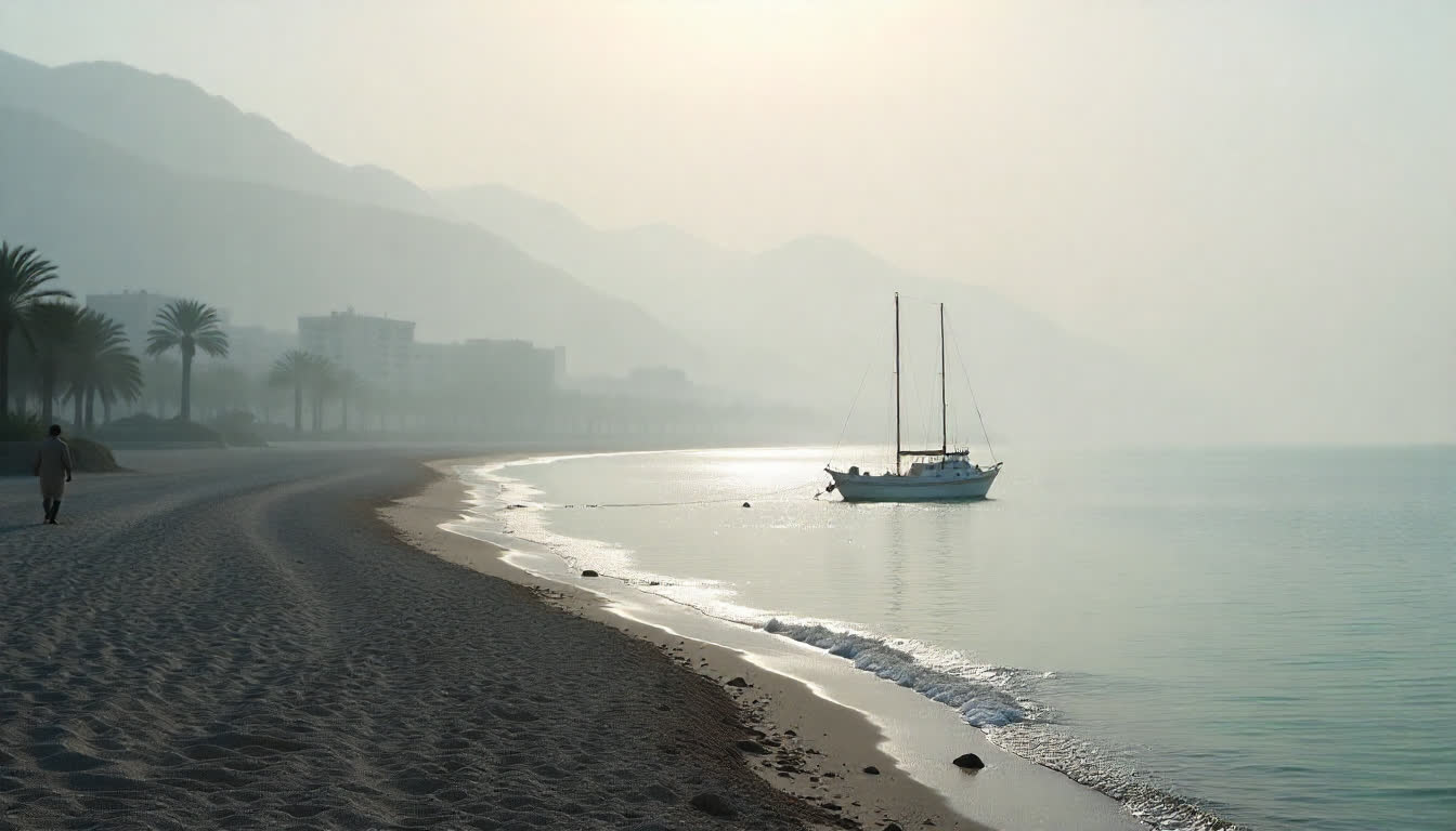 Dibba Al Hisn coastal village with boats, sea, and mountains