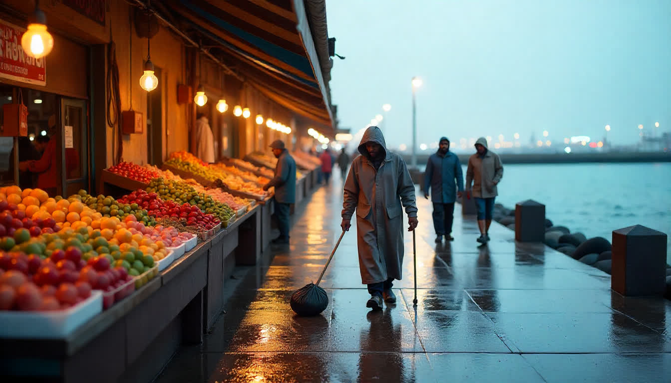 Dibba Al Hisn market with local workers and port view, UAE economic photo, 16:9
