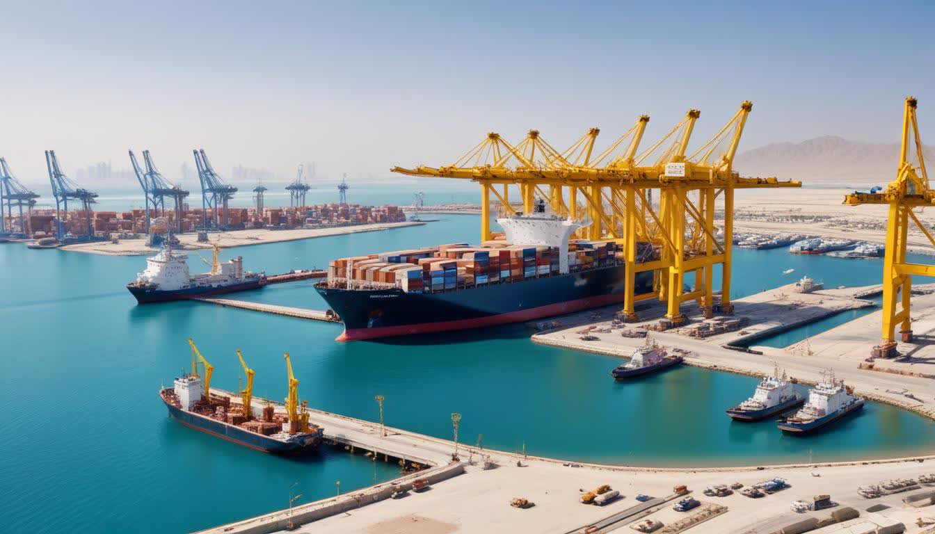 Dibba Al Hisn port with cargo ships, cranes, and sea view, UAE modern trade hub, 16:9