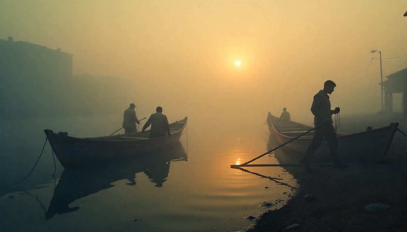 Dibba Al Hisn traditional fish market with fishermen and boats, 16:9