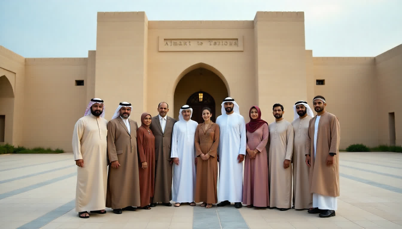 A diverse group of expats living in Ajman, city views, and cultural landmarks