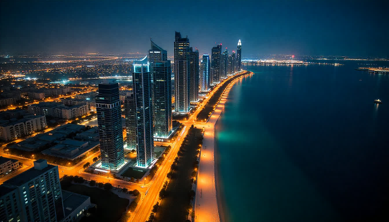 Dubai city districts aerial view with skyscrapers and palm islands, 16:9