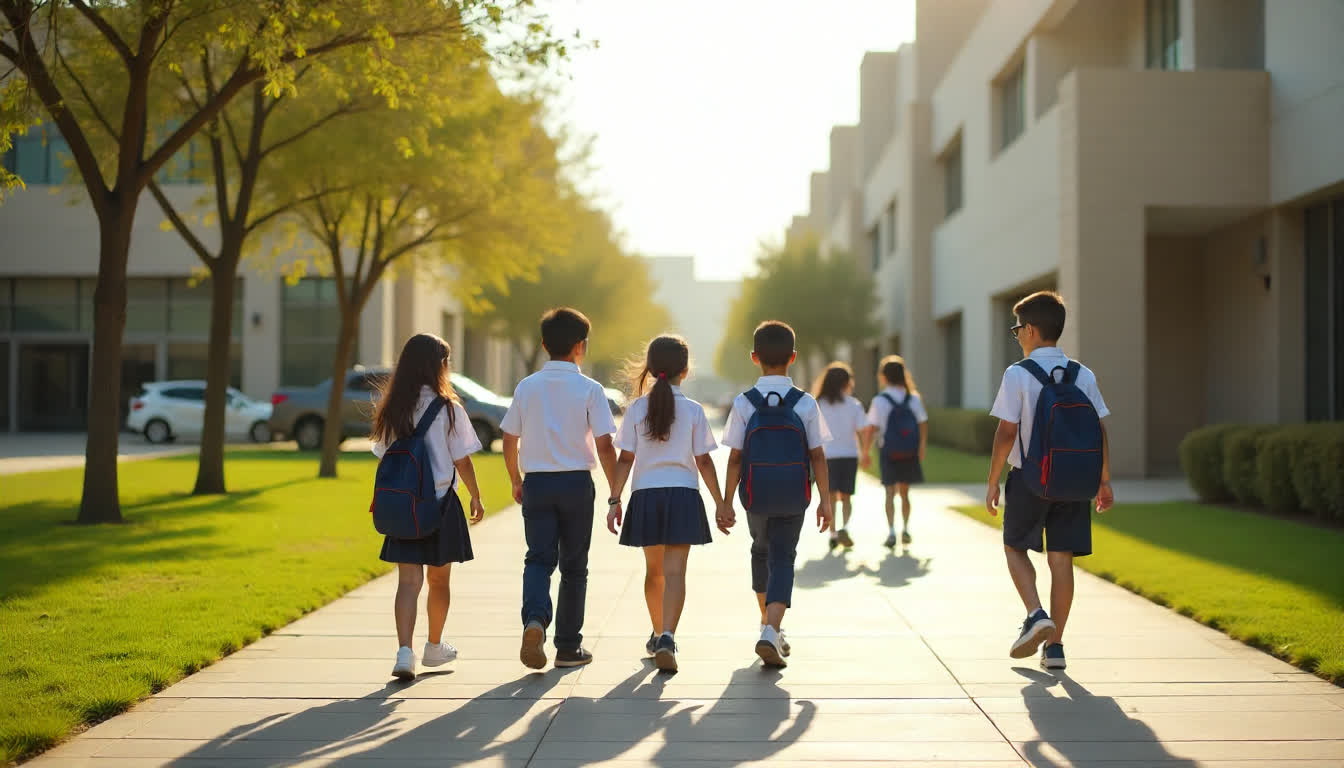 Dubai international school campus with students and modern architecture, 16:9