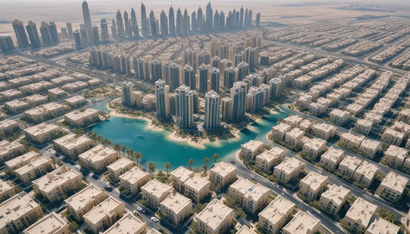 Dubai neighborhood map, luxury apartments, iconic skyline background