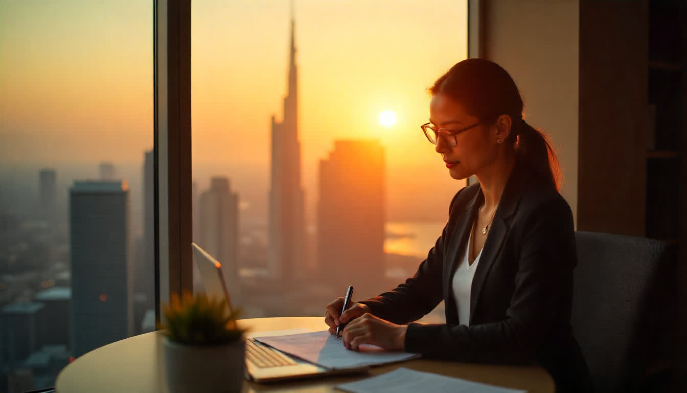 Dubai real estate office, modern interior, apartment view from high-rise, expats signing documents