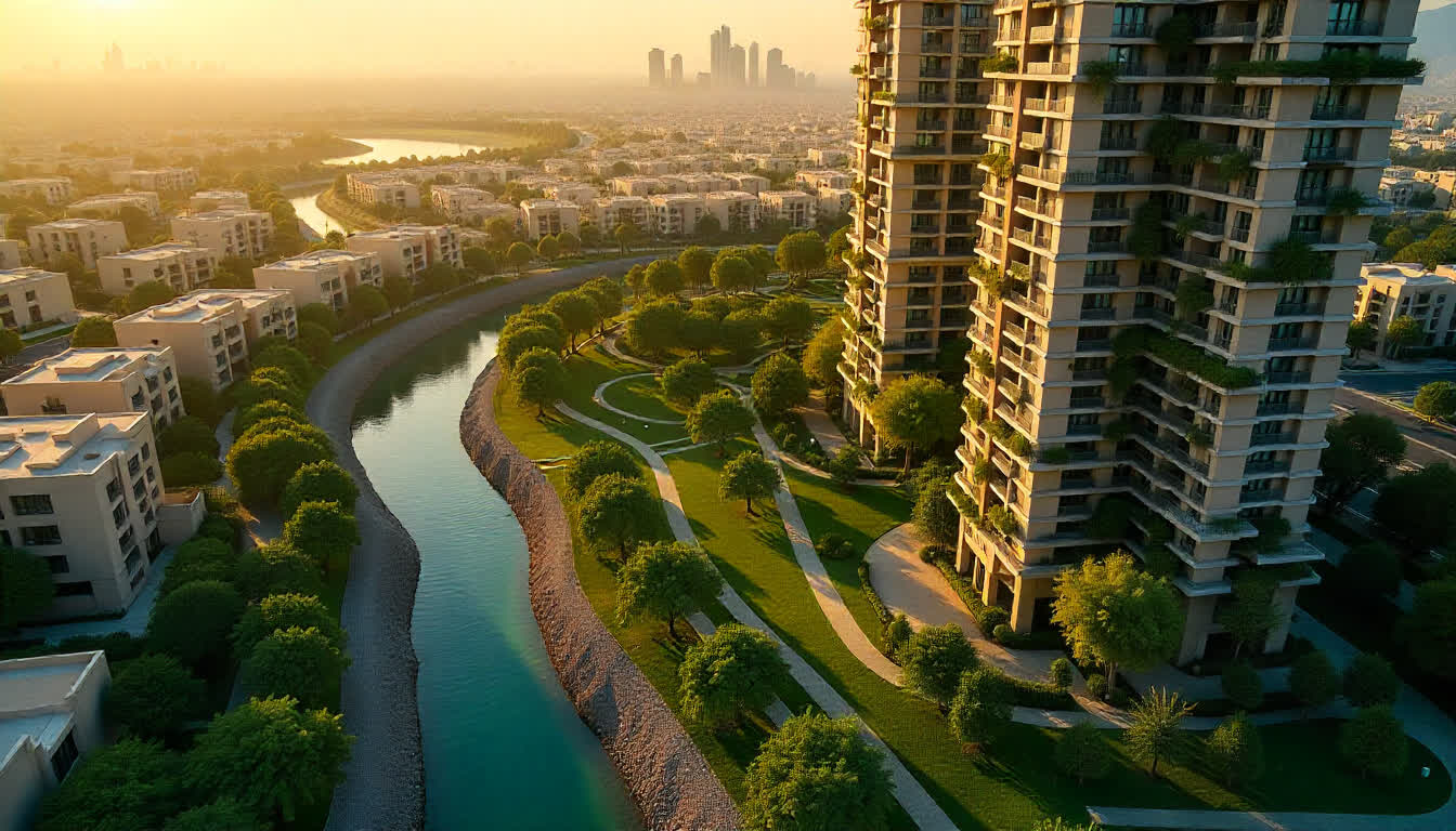 Dubai residential towers surrounded by greenery and modern design