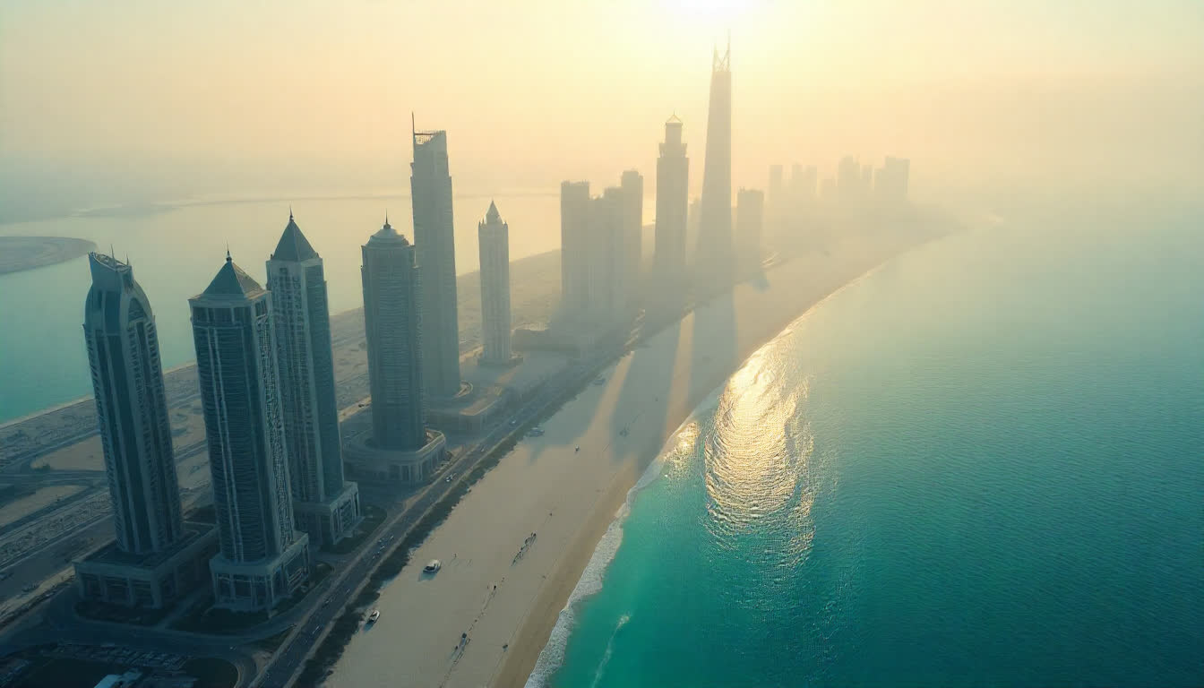 Dubai skyline, Palm Jumeirah aerial view, modern city vibe, luxury style