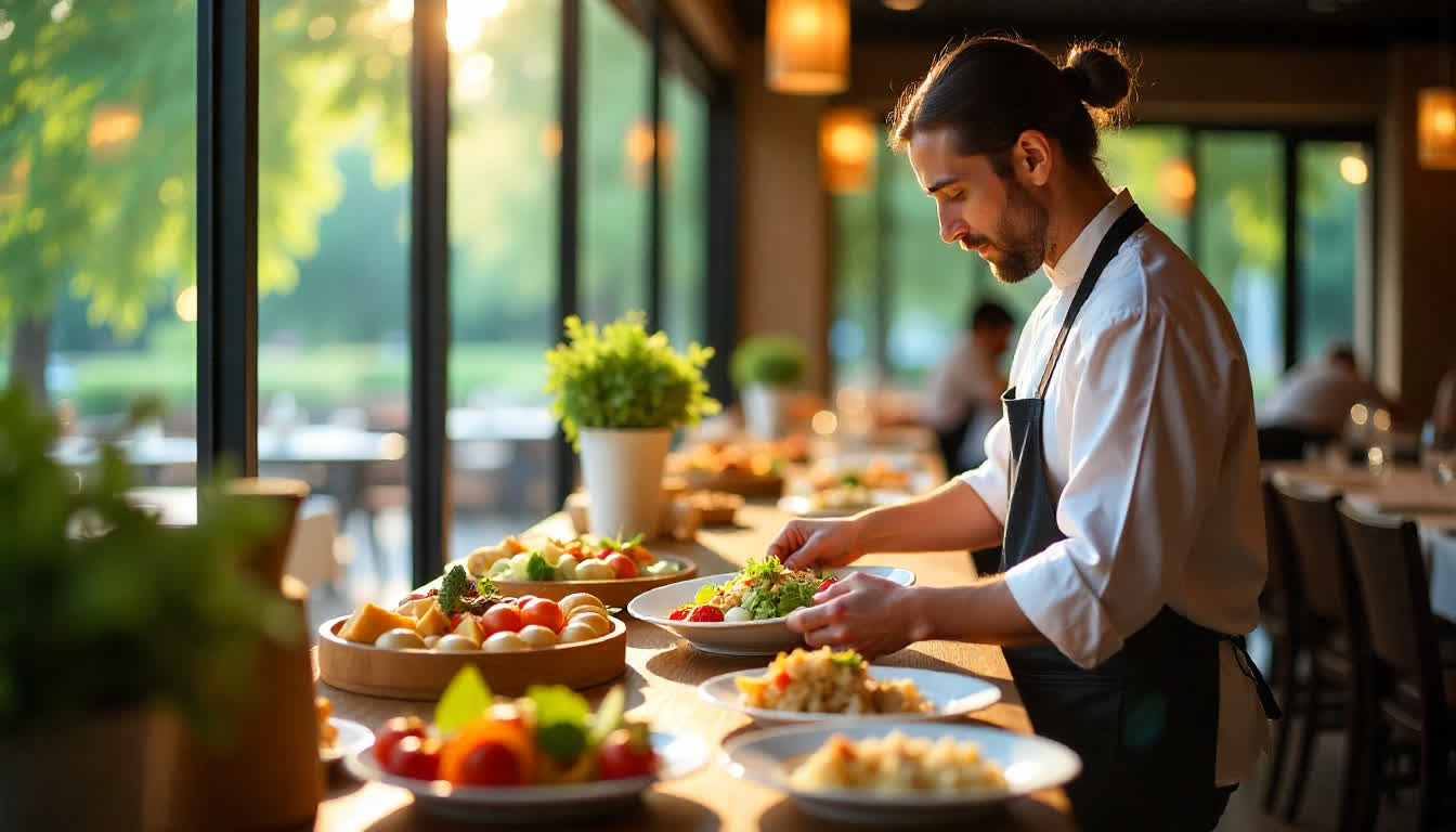 Elegant Dubai restaurants with chefs preparing dishes, full tables, and city views