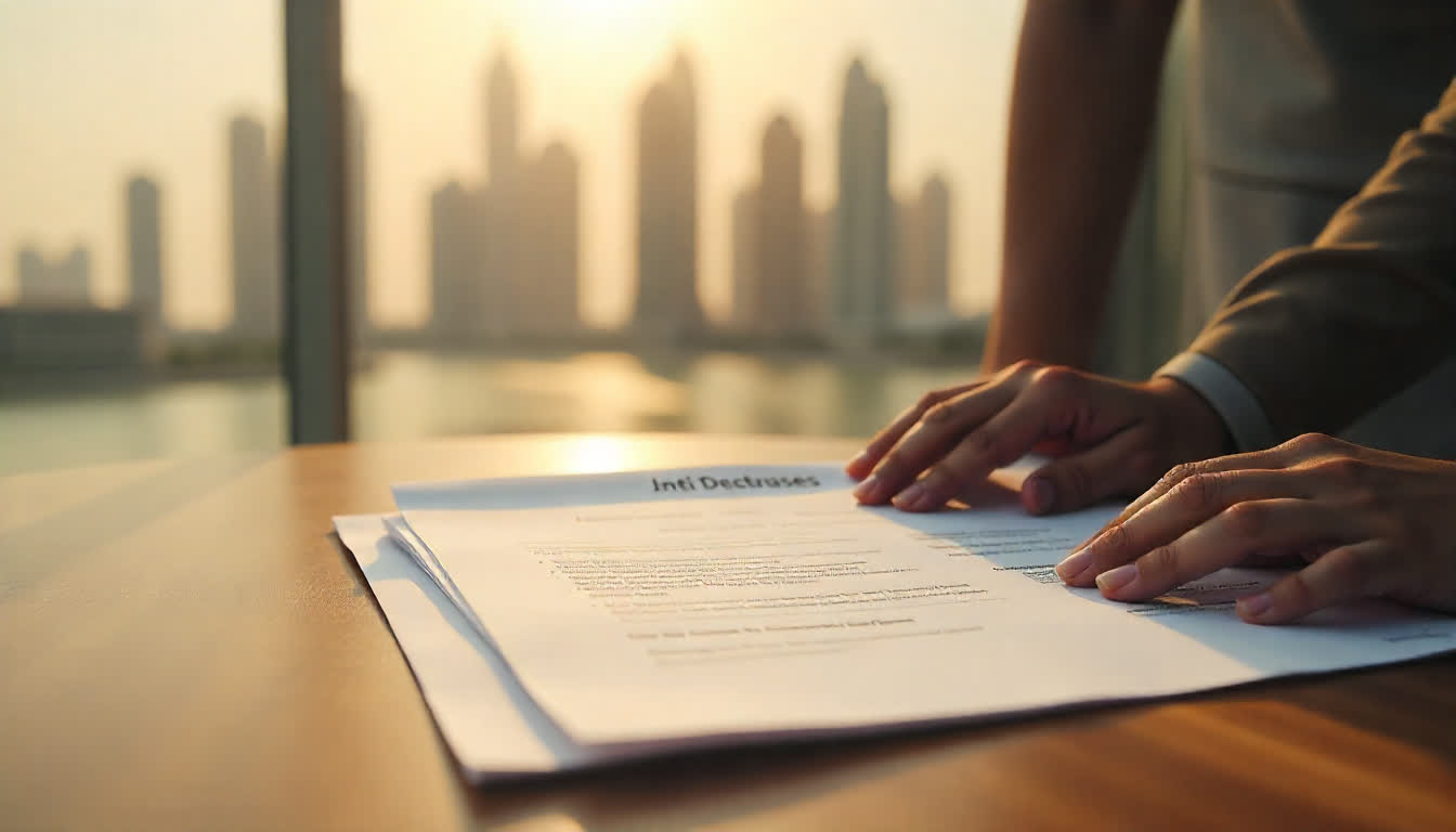 Elegant property purchase scene with UAE documents and city skyline