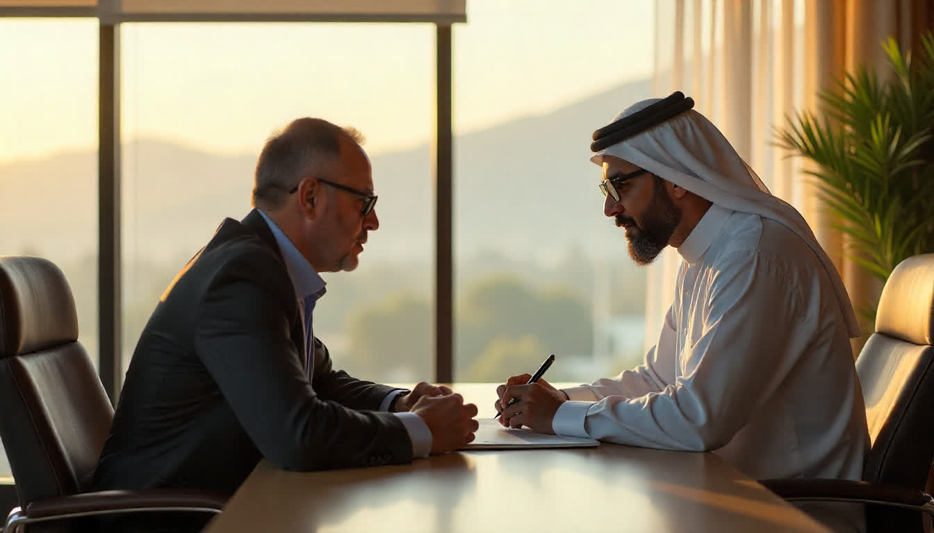 Entrepreneurs in Dibba Al Hisn discussing business plans in modern office environments