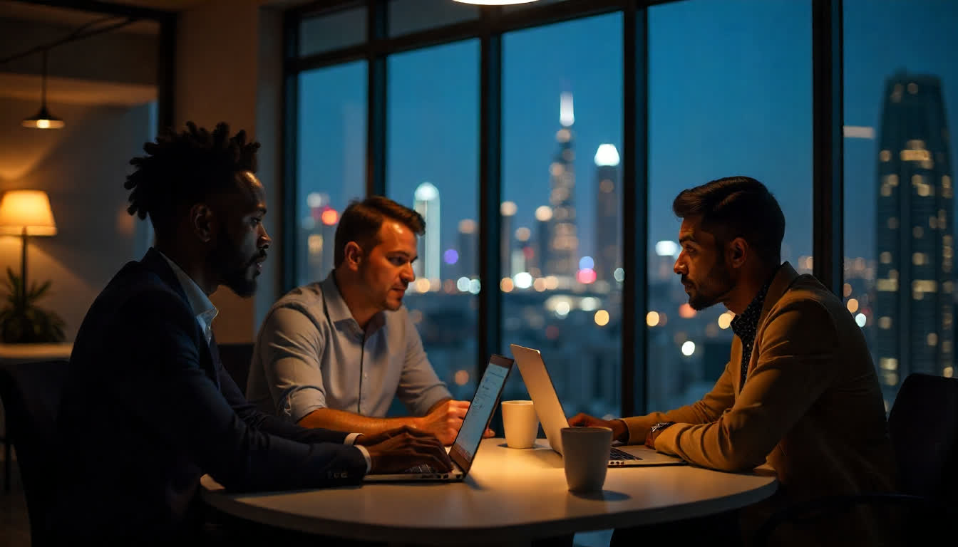 Entrepreneurs gathered in a UAE co-working space, laptops, networking, and Dubai skyline in the background