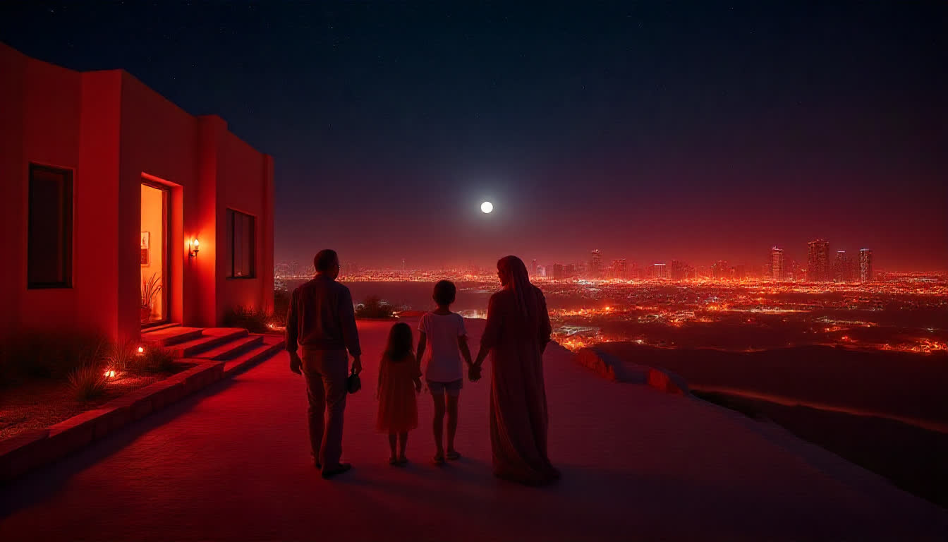 Families exploring homes in Dibba Al Hisn with local agents and city scenery