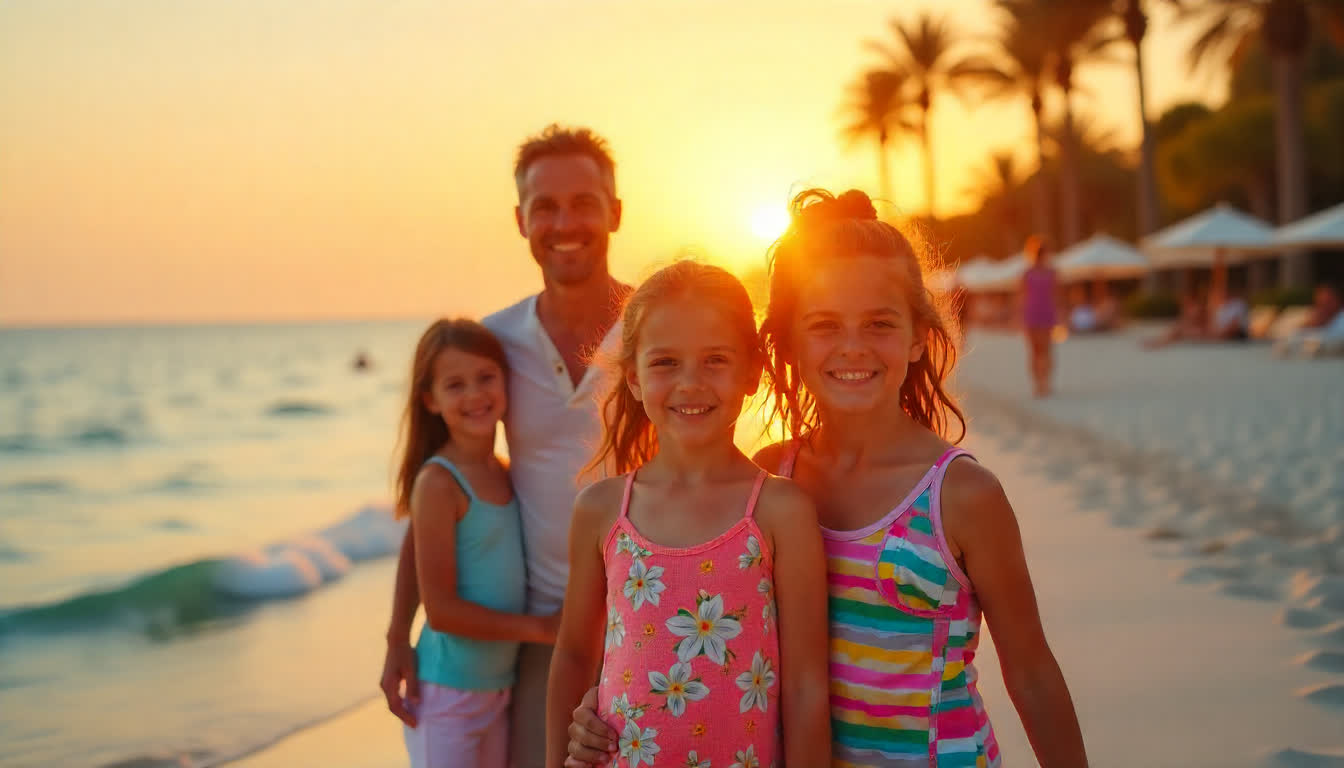 Family vacation resorts in Fujairah, clear sea, palm trees, and smiling children