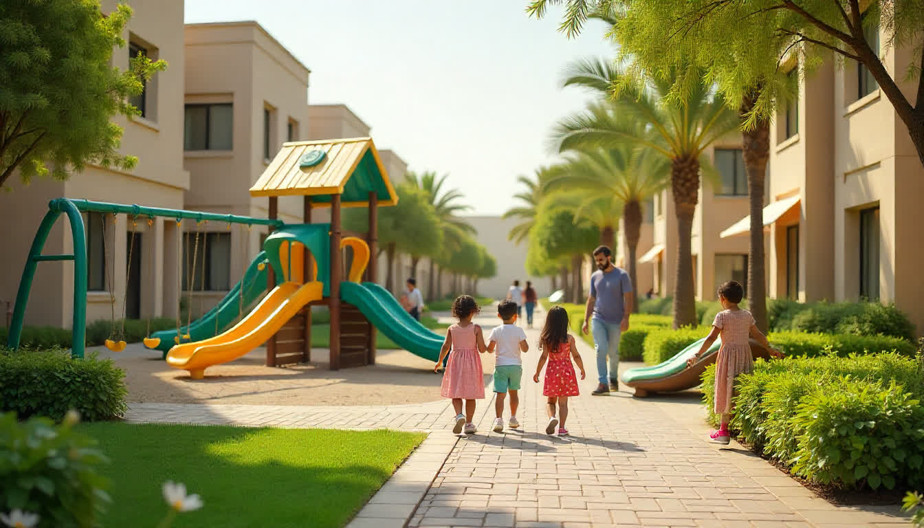 Family-friendly neighborhoods in Umm Al Quwain, parks, playgrounds, and happy residents