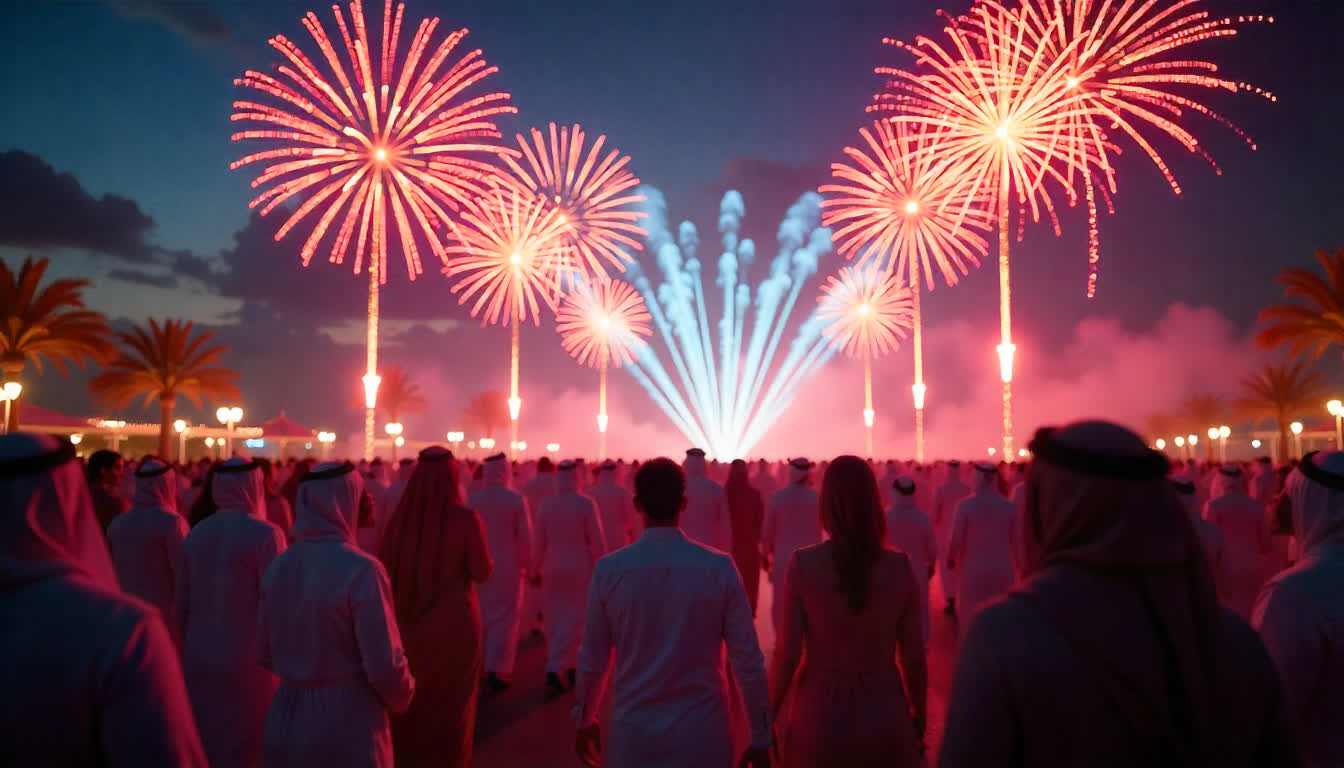 Festival in UAE with fireworks, lights, and people celebrating