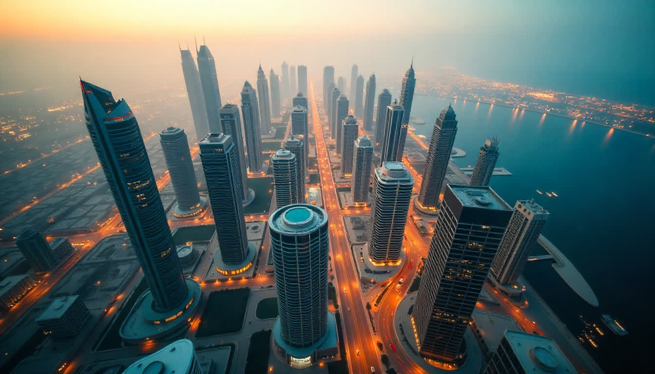 Financial district in Dubai with skyscrapers and corporate atmosphere